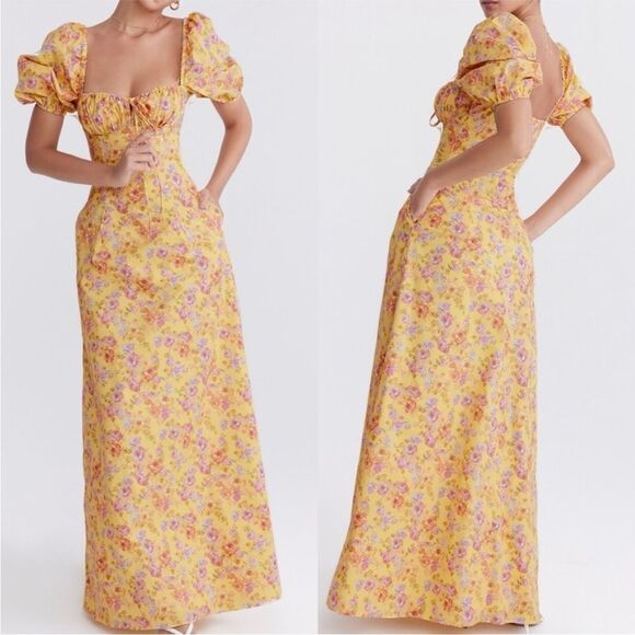 House of CB Maxi Dress Sz XS Yellow Floral Felizia Butter Print Puff Selene NEW
